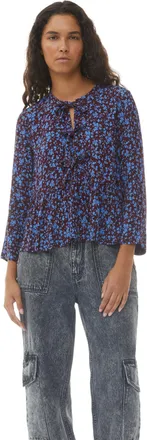 Ganni Long Sleeve Printed Crepe Peplum Blouse in Port Royale Size 10 Womens