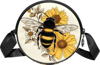Generic Circle Crossbody Bag for Women, Bee Yellow Flower Small Sling Bag Daypack with Zipper Adjustable Shoulder Straps Casual Ladies Girls Round Purse