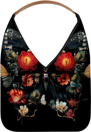 Generic Dark Floral Flower Butterfly (2) Reusable Lightweight Grocery Bags - Foldable Into Compact Pouch, Washable & Sturdy, Multipurpose for Shopping and Tra