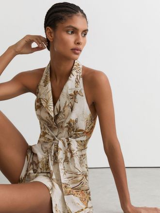 Reiss Neutral Cotton Safari-print Playsuit, 16