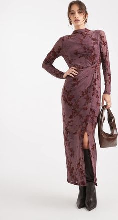 French Connection Vestito midi accollato in rete color prugna in velluto d&eacute;vor&eacute;-Multicolore