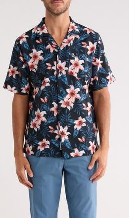 Original Penguin Hibiscus Print Seersucker Camp Shirt in True Black at Nordstrom Rack, Size Xx-Large