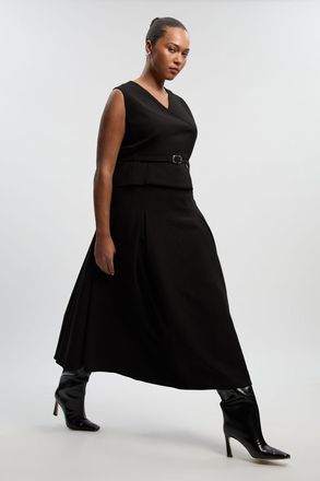 Karen Millen Womens Plus Size Compact Essential Belted Tailored Full Midi Dress - Black - Size 24 UK