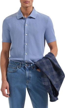 Bugatchi Basket Weave Knit Short Sleeve Cotton Full Button Cardigan in Air Blue at Nordstrom, Size Xxx-Large