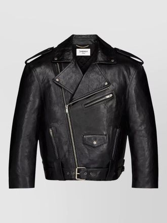 Saint Laurent belted jacket notched lapels epaulettes zippered pockets
