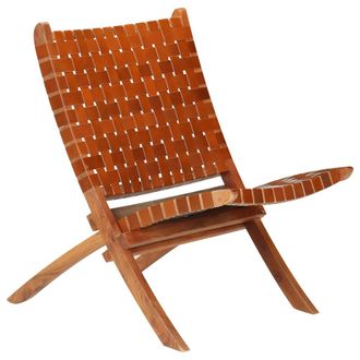 vidaXL Vidaxl - Silla Plegable Con Rayas Cruzadas Cuero Aut&eacute;ntico Marr&oacute;n
