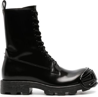 Diesel High Lace-Up Black Boots with Glossy Finish and Chunky Sole