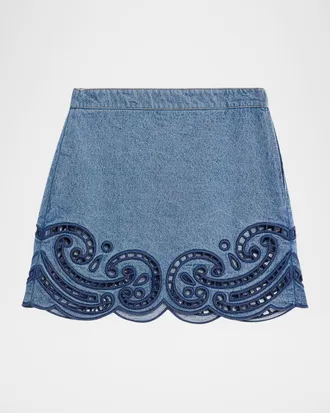 Ulla Johnson Cadiz Embroidered Denim Mini Skirt