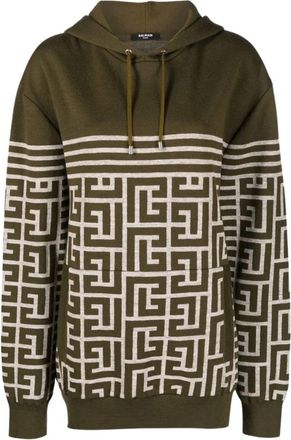 Balmain Gestreepte Monogram Wollen Sweatshirt - Heren - Hoodies - Groen - L - Wol - Hoodies & sweatvesten