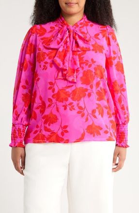Sugarlips Kensie Etienne Floral Tie Neck Top in Fuchsia Pink/Red at Nordstrom, Size 1 X