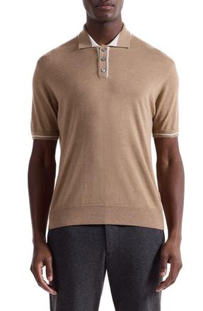 Bugatchi Tipped Merino Wool & Silk Polo Sweater in Walnut at Nordstrom, Size X-Large