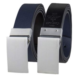 Calvin Klein Mens Two-In-One Reversible Modern Plaque Buckle Dress Belt, Navy/Black, X-Large (42-44)