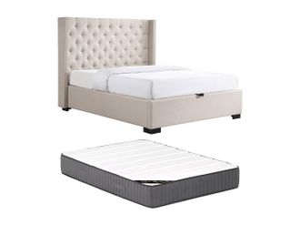 Vente-Unique Canap&eacute; abatible 200 x 200 cm con cabecero capiton&eacute; - Tela - Beige + Colch&oacute;n - MASSIMO