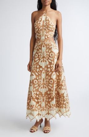 Johanna Ortiz Morning Groove Cutout Guipure Lace Maxi Dress in Ecru /Camel at Nordstrom, Size 12