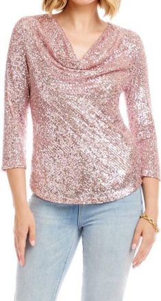 Karen Kane 3/4 Sleeve Drape Front Sequin Top In Pink