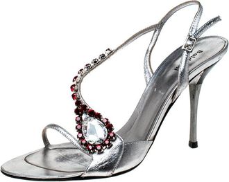 Baldinini Metallic Silver Leather Crystal Embellised Ankle Sandals