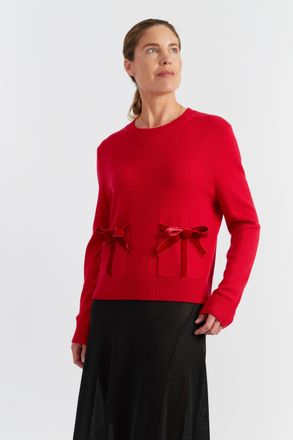 Chinti and Parker Velvet-Red Merino Wool Velvet Bow Sweater