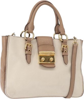 Miu Miu Madras Convertible Lock Tote Leather Beige Leather Handbag (Pre-Owned)