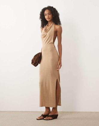Miss Selfridge Vestito lungo oro glitterato allacciato al collo in maglia
