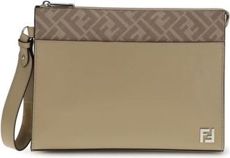 Fendi Leather And Ff Canvas Clutch