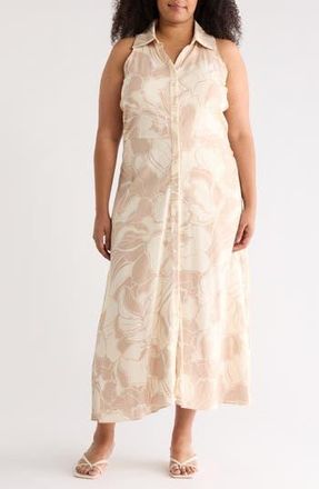 London Times Floral Side Ruched Linen Blend Midi Dress in Blush/Beige at Nordstrom Rack, Size 16W