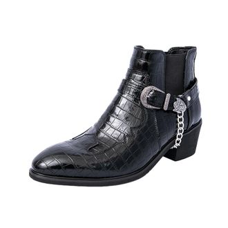 Generic Mens Crocodile Prints Western Cowboy Boots with Side Zipper, Belt Buckle and Metal Chain (Black,8.5)