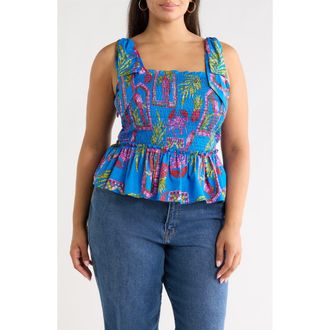 Sugarlips Bally Tropical Print Smocked Sleeveless Top in Pink/blue/green at Nordstrom, Size 2X