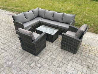 Fimous Rattan Lounge Corner Sofa Set Wicker PE Outdoor Garden Furniture Set with Rectangular Coffee Table 2 Armchairs in Dark Grey