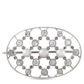 Luxury Bazaar 14K White Gold 1.30ct Diamond and Pearl Oval Openwork Brooch MF02-070726
