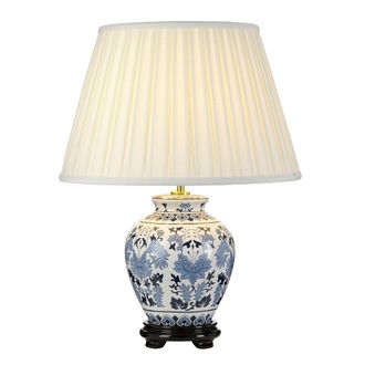 Loops Table Lamp Wooden Base Ivory Box Pleat Shade Blue/White LED E27 60w in White