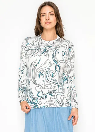 YAL New York White Knit Sweater with Teal Floral Print
