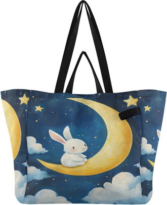 Generic Yellow Moon Rabbit Stars print Reusable Canvas Tote Bag, Heavy Duty Grocery Shopping Bag with Hard Bottom Large Capacity Double Handles Work Groceries