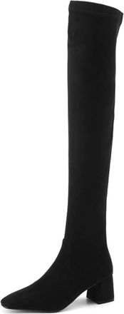 Generic Womens Over-The-Knee Suede-Like Boots Square Toe Mid Block Heels Side Zipper Stretch Fabric Sleek Silhouette Comfortable Non-Slip Durable Design,Black
