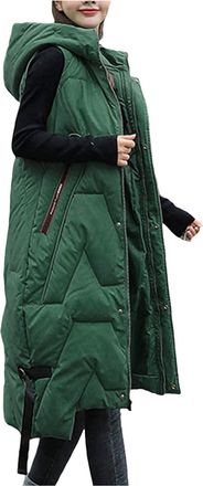 Generic Womens Winter Sleeveless Long Gilet with Hood, Womens Puffer Waistcoat Solid Color Casual Womens Down Jacket Vest Slim Fit Womens Long Quilted Gilet w