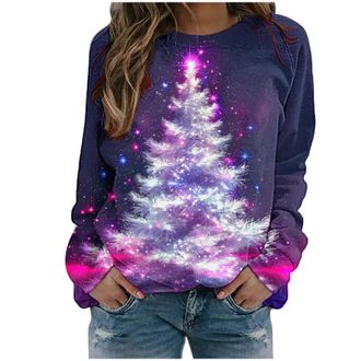 Generic Christmas Sweatshirts for Women UK Christmas Tree Graphic Long Sleeve Shirts Xmas Holiday Party Pullover Blouse Ladies Xmas Jumpers Plus Size Lightwei