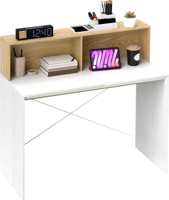 HOMCOM Homcom Escritorio, 110x50x102,6 Cm, Mesa De Escritorio, Mesa De Ordenador Con 2 Compartimentos Abiertos Y Estante, Para Estudio, Blanco Y Natural