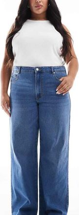 Only ONLY Curve high waist wide leg jeans in mid blue