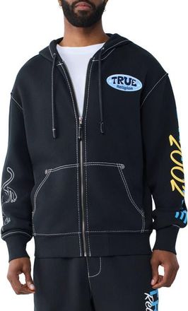True Religion Stay True Big T Zip Hoodie in Jet Black at Nordstrom, Size Xxx-Large