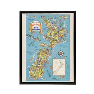 Artery8 1938 Fun Pictorial Map Of New Zealand Framed Canvas Wall Art Print in Blue | Size: W24 x H32