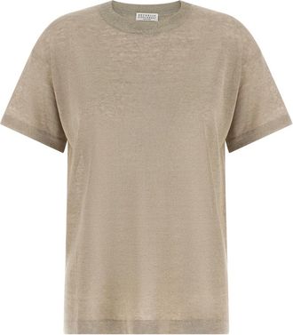 Brunello Cucinelli Dazzling Collar Crewneck - Dames - Ronde hals truien - Beige - XL - Linnen - Truien & Vesten