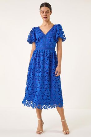 Roman Crochet Lace V-Neck Midi Dress