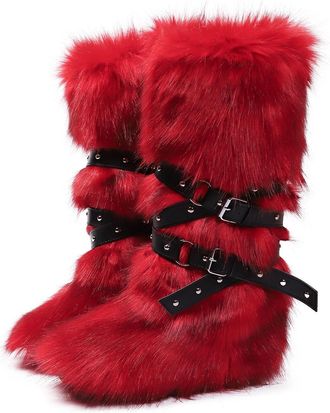 Generic Womens Winter Knee High Boots Fluffy Faux Fur Boots With Thick Fleece Lining Cozy Snow Boots Available In Plus Sizes(Rosso,6.5)