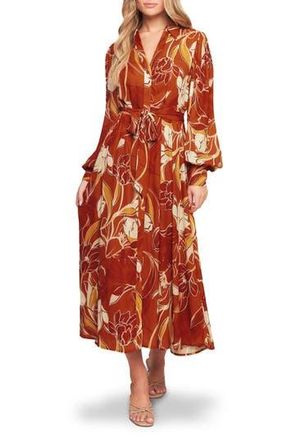 Flying Tomato Floral Long Sleeve Midi Shirtdress in Brown at Nordstrom Rack, Size Large
