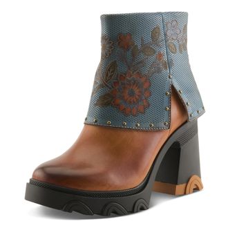 L'Artiste by Spring Step Carizma Platform Booties | Hand-Painted Leather Ankle Boots with Chunky Heel, Camel Multi, 7 UK