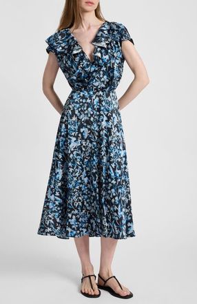 Santorelli Mandy Faux-Wrap Cap Sleeve Midi Floral Dress in Midnight at Nordstrom, Size 10