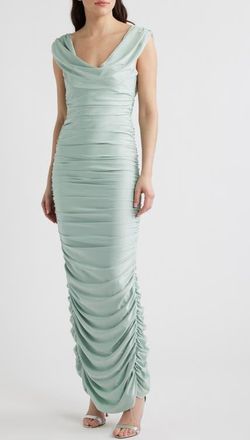 Black Halo Evangeline Ruched Satin Gown in Creme De Menthe at Nordstrom, Size Large