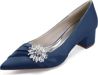 Generic Wedding Bridal Shoes Womens Chunky Heels Ankle Strap Low Heel Bridal Pointed Toe Pumps Prom Party Dress Shoes 4.5Cm,Dark Blue,10 UK