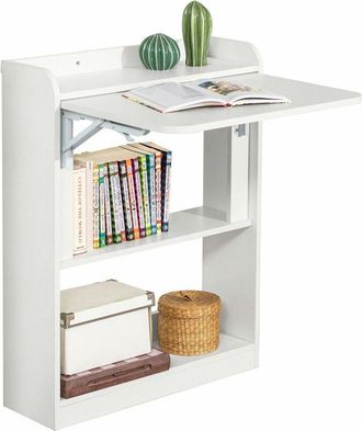 SoBuy Scrivania Salvaspazio Scrivania Ufficio con Ripiani Tavolo Pieghevole da Parete Tavolo Richiudibile per Computer Scrittoio da Lavoro Bianca