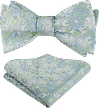 Alizeal Mens Floral Self Tied Bow Tie and Pocket Square for Wedding Party Business Tie Set, Light Green+Light Blue