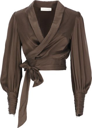 Zimmermann Brown Gathered Lace-Trim Silk Blouse
